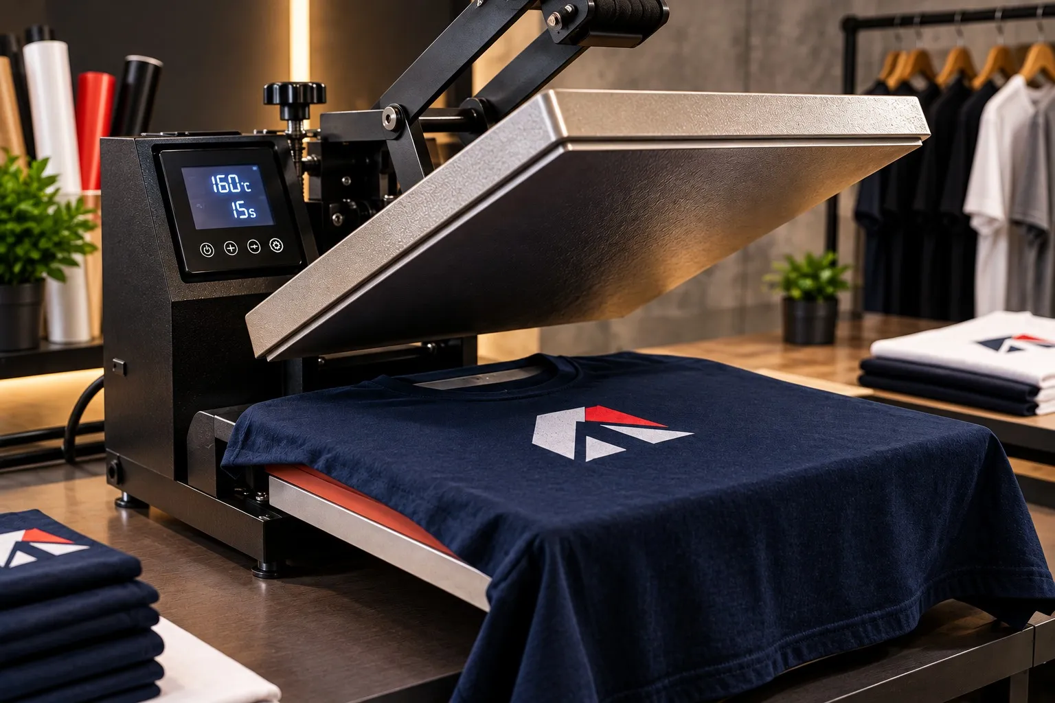 Prensa térmica aplicando estampa DTF em camiseta