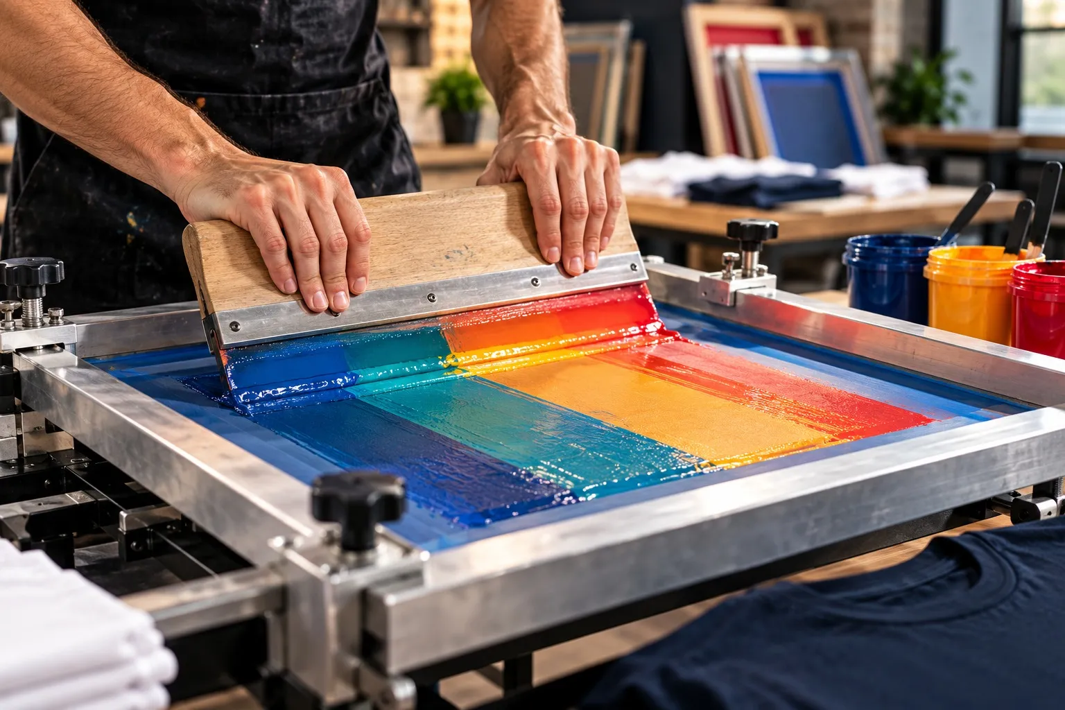 Estamparia silk com tinta colorida sobre a matriz